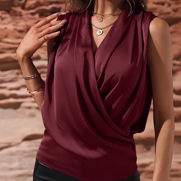 Luxe Satin Overlap Sleeveless Blouse - Picture 5 of 10